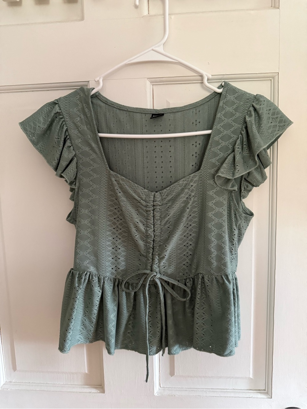 SHEIN Sage Green Eyelet Ruffle Tie-Front Peplum Blouse